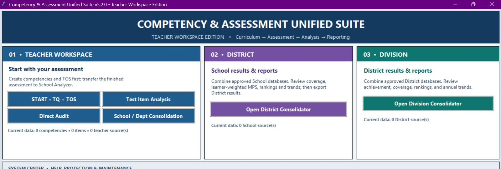 Actual interface of Competency & Assessment Unified Suite, showing its main working screen