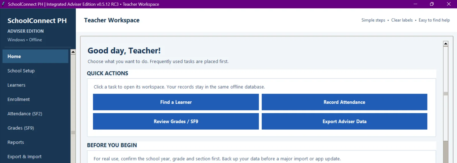 Actual interface of SchoolConnect PH, showing its main working screen